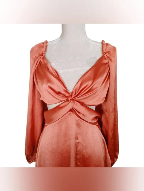 $220 Free People Justin Satin Cut Out Mini Dress Coral Size M - Picture 7 of 8